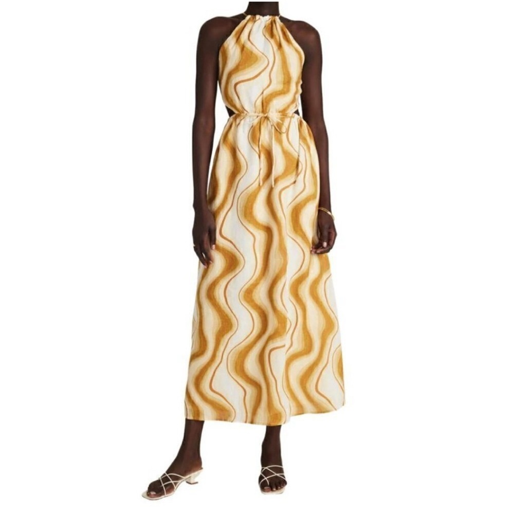 Faithful the Brand Linen tie-back maxi dress size 8 yellow wavy print